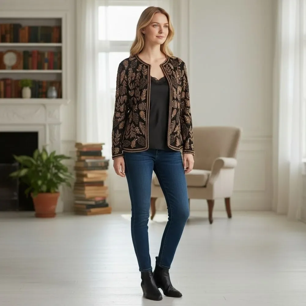 Vintage Black Silk Jacket with Tan, Gold, and Black Beads & Sequins | Candleligh